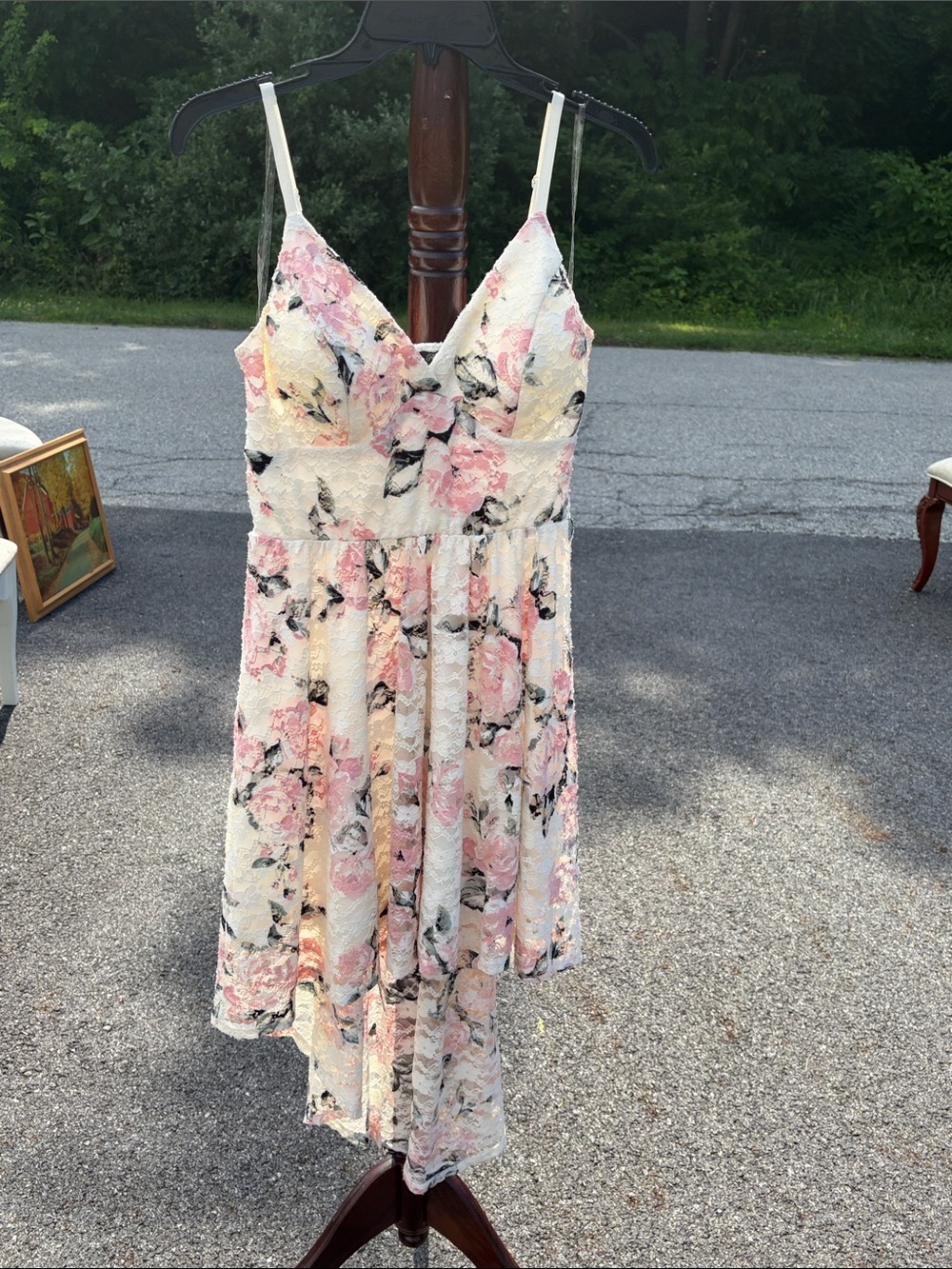 Lily Rose Cream Asymmetrical Floral Lace Dress with Pink Accents